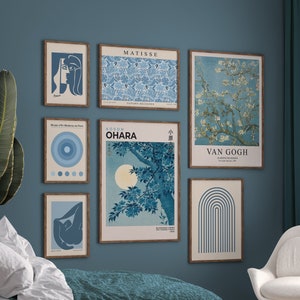 Blue Gallery Wall Art Set of 7, Light Blue Wall Art, Modern Wall Decor, Blue Poster Set, Picasso Prints, Almond Blossom, Gallery Wall Prints