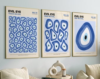 Evil Eye Set of 3 Prints, Trendy Wall Art, Blue Evil Eye, Aura Collection Prints, Nazar Poster, Printable Wall Art, Digital Art Print