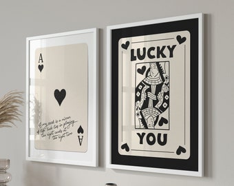 Trendy Retro Wall Art Set Of 3, Lucky You Poster, Retro Trendy Aesthetic Print, Black Ace Card Poster, Trendy Wall Art, Digital Art Print
