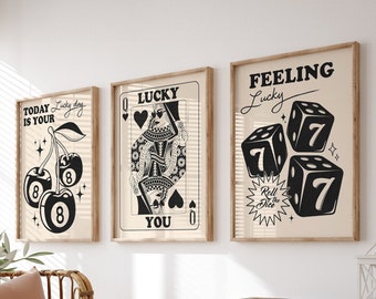 Casino Gallery Wall Set of 3 Prints, Trendy Wall Art, Black White Print, Lucky You Poster Set,Black Art Poster, Retro Print, Digital Prints