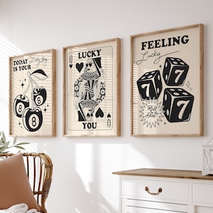 Casino Gallery Wall Set of 3 Prints, Trendy Wall Art, Black White Print, Lucky You Poster Set,Black Art Poster, Retro Print, Digital Prints