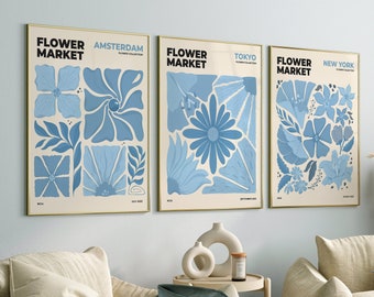 Blue Flower Market Set of 3, Blue Gallery Wall Set of 3 Piece Wall Art, Light Blue Wall Art, Minimalist Flower Prints, Flower Poster