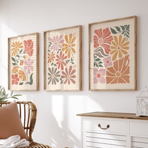 Lot de 3 impressions bohèmes fleurs abstraites, impressions en terre cuite, art mural floral, impression d'art vintage, art imprimable bohème, affiche du marché aux fleurs