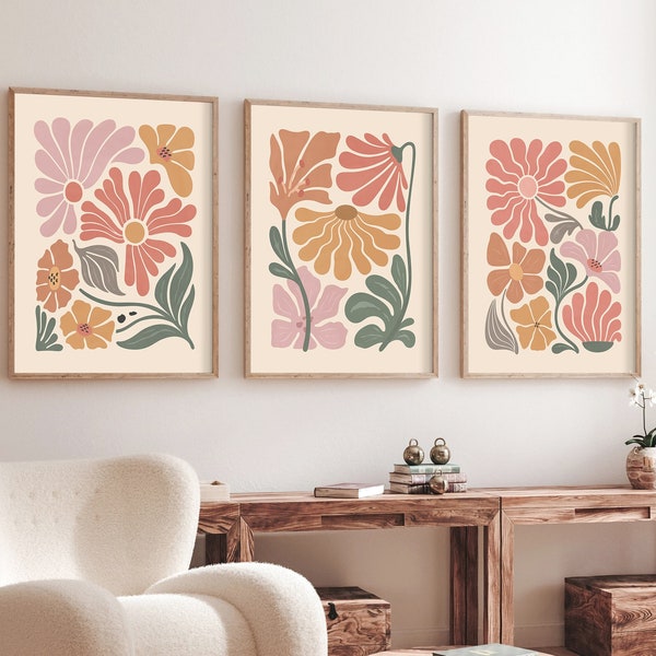 Boho abstracte bloemen print set van 3, terracotta prints, bloemenmuurkunst, vintage art print, Boho afdrukbare kunst, bloemenmarkt poster