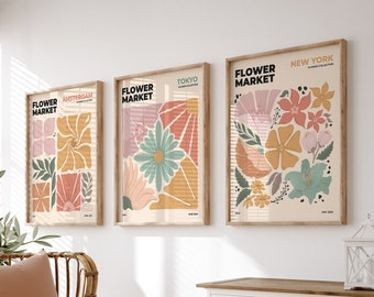 Flower Market Print Set, 3 Piece Wall Art, Floral Wall Art, Set of 3 Prints, Printable Wall Art, Vintage Art Print, Digital Print Set