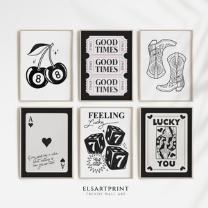 Trendy Wand Kunst Print 6er Set, Schwarz Weiß Druck, Lucky You Poster Set, Cowboy Boots Druck, Schwarze Kunst Poster, Schwarzes Ace Karten Poster
