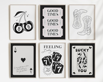 Trendy Wall Art Print Set Of 6, Black White Print, Lucky You Poster Set, Cowboy Boots Print, Black Art Poster, Black Ace Card Poster