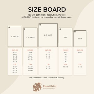 May include: A chart showing different print sizes for digital art prints. The chart includes the aspect ratio, dimensions in inches and centimetres, and standard paper sizes like ISO.