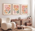Boho Abstract Flowers Print Set of 3, Terracotta Prints, Floral Wall Art, Vintage Art Print, Boho Printable Art, Flower Market Poster