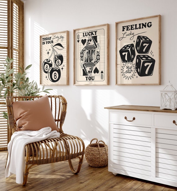 Casino Gallery Wall Set of 3 Prints, Trendy Wall Art, Black White Print, Lucky You Poster Set,Black Art Poster, Retro Print, Digital Prints