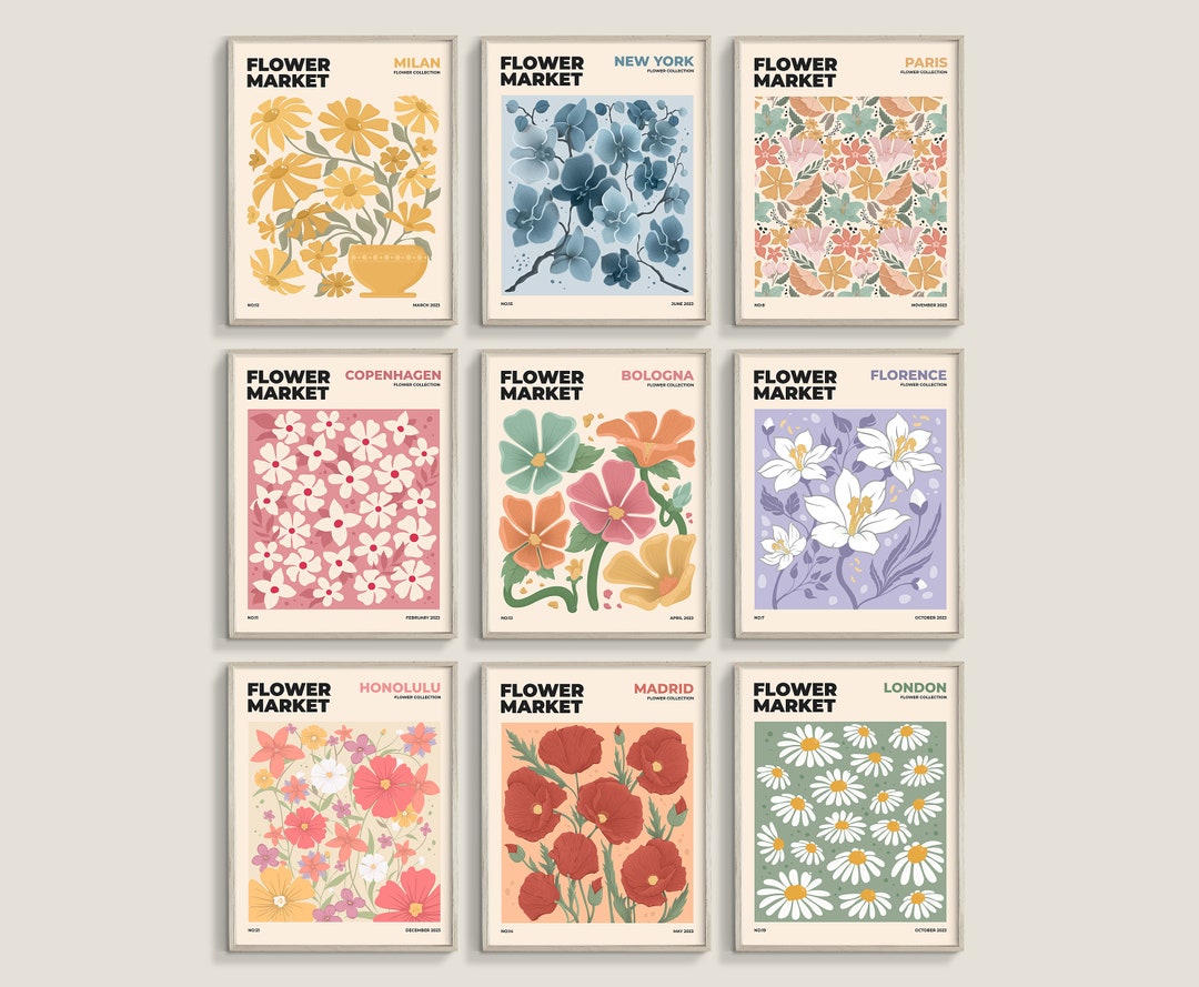 Flower Market Print Set of 9, Gallery Wal Set, Flower Market Poster ...