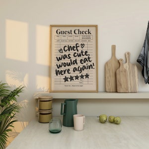 May include: A black and white printable guest check with the text "Chef was cute, would eat here again!" and a five-star rating. The check has a line for the check number, which is 241835.
