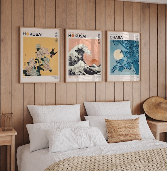 Japanese Print Set of 3 Prints, Katsushika Hokusai, Vintage Japanese, Gallery Wall Set, Japanese Poster, Ohara Koson Print, Hokusai Poster