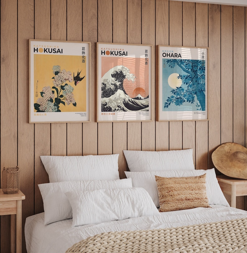 Japanese Print Set of 3 Prints, Katsushika Hokusai, Vintage Japanese, Gallery Wall Set, Japanese Poster, Ohara Koson Print, Hokusai Poster image 1