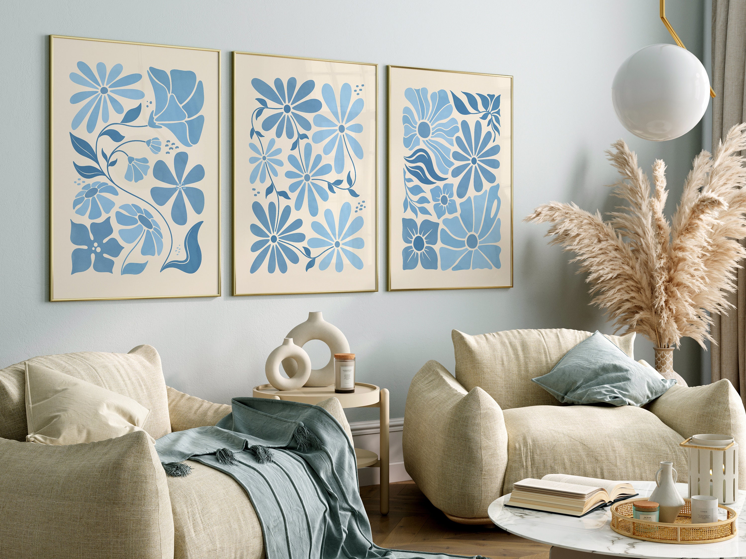 For Print Blue Blue Flower Market Set of 3 Prints, Blue Wall Decor, Flower Market ...