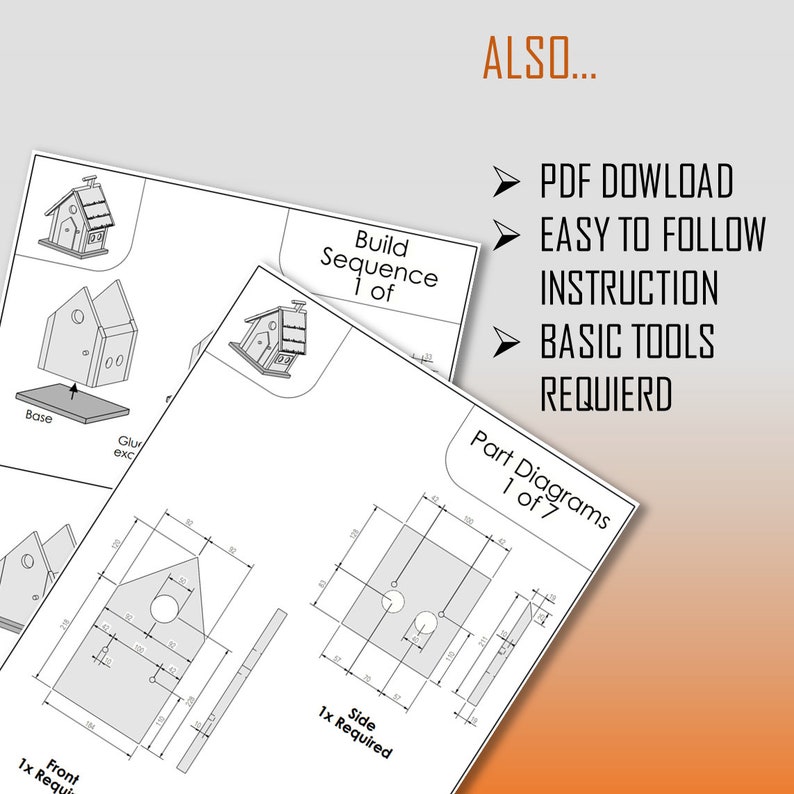 Peut inclure: Diagrammes de construction d'une maison pour oiseaux en noir et blanc. Les diagrammes montrent les diff&eacute;rentes parties de la maison pour oiseaux, y compris la base, l'avant, le c&ocirc;t&eacute; et le toit. Le texte "Build Sequence 1 of" et "Part Diagrams 1 of 7" est visible. Le texte "ALSO... PDF DOWNLOAD EASY TO FOLLOW INSTRUCTION BASIC TOOLS REQUIERD" est &eacute;galement visible.