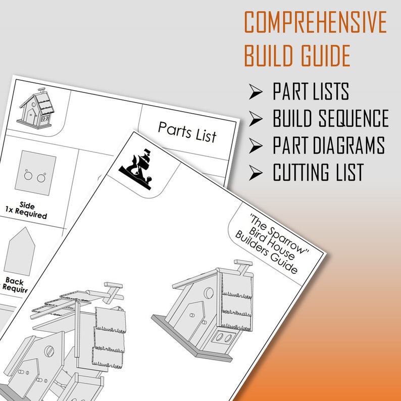 Peut inclure: Un guide imprimable en noir et blanc pour construire une maison &agrave; oiseaux. Le guide comprend une liste des pi&egrave;ces, une s&eacute;quence de construction, des diagrammes des pi&egrave;ces et une liste de coupe. Le guide est intitul&eacute; "The Sparrow Bird House Builders Guide".