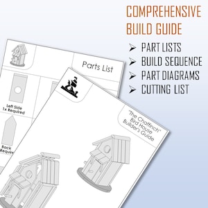 May include: A comprehensive build guide for a birdhouse called "The Chaffinch". The guide includes part lists, build sequence, part diagrams, and a cutting list. The guide also includes a black and white illustration of the birdhouse.