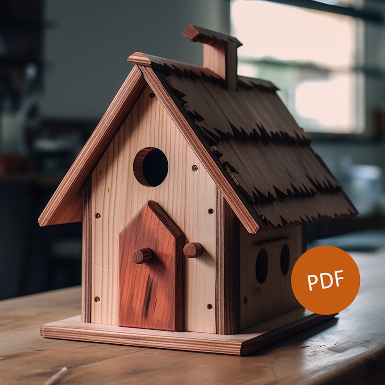 Peut inclure: Une maisonnette en bois pour oiseaux avec un toit en bardeaux, une petite porte et un trou d'entr&eacute;e rond. La maisonnette est peinte dans des tons de brun et de rouge. L'image comprend le mot "PDF" dans un cercle.