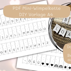 Könnte beinhalten: Eine digitale PDF DIY-Vorlage für eine Mini-Wimpelkette auf A4-Papier mit schwarz-weißen Wimpeln, die Buchstaben, Herzen, Sterne und Regenbögen zeigen. Der Text lautet PDF Mini-Wimpelkette DIY Vorlage A4, Downloaden & Beliebig oft ausdrucken.