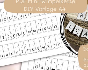 Mini Wimpelkette DIY PDF Vorlage – Alphabet, Zahlen & Icons | 2× A4 | Universell einsetzbar Babyparty Geschenkverpackung Geburtstag | Druck