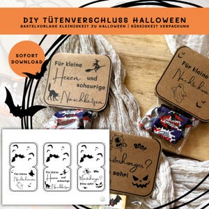 Könnte beinhalten: Ein DIY Halloween-Tütenverschluss-Set bestehend aus braunen Kraftpapier-Etiketten mit schwarzen Illustrationen von Hexen, Katzen, Geistern und Monstern. Die Etiketten tragen deutsche Texte wie Für kleine Hexen und schaurige Naschkatzen sowie Monsterhunger.
