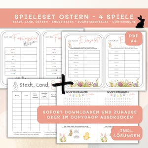 Paasspelletjes om af te drukken (PDF A4) – Stad en platteland Pasen, emoji-puzzels, woordpuzzel en woordzoeker voor gezinnen, volwassenen en kinderen