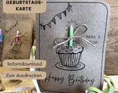 Geburtstagskarte Vorlage DIY | Klappkarte A5 | Cupcake | Druckvorlage | Kerze 3D | modern minimalistisch | Bastelvorlage Printable