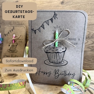 Plantilla de tarjeta de cumpleaños DIY | Tarjeta plegable A5 | Cupcake | Plantilla imprimible | Vela 3D | Minimalista moderno | Plantilla de manualidades