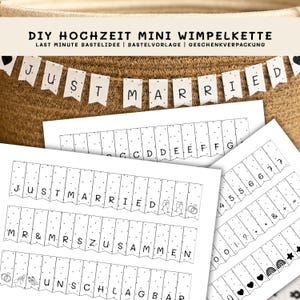 Könnte beinhalten: Ein DIY Mini-Wimpelkette-Set mit weißen Papierwimpeln mit schwarzen Punkten und Buchstaben, die "JUST MARRIED" und "MR & MRS ZUSAMMEN" bilden. Das Set enthält druckbare Bögen mit Buchstaben, Zahlen, Symbolen sowie Herz- und Ring-Symbolen.