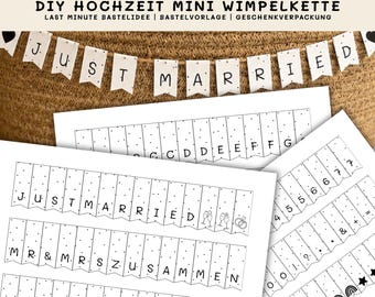 Guirlande miniature de mariage à faire soi-même – Modèle « Just Married » à imprimer, décoration d’emballage cadeau (PDF à télécharger instantanément, alphabet inclus).