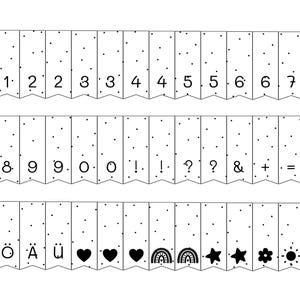 Plantilla PDF para hacer mini banderines: alfabeto, números e iconos | 2 x A4 | Ideal para envolver regalos de baby shower y cumpleaños | Imprimir imagen 5