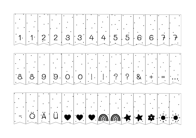 Plantilla PDF para hacer mini banderines: alfabeto, números e iconos | 2 x A4 | Ideal para envolver regalos de baby shower y cumpleaños | Imprimir imagen 5