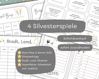 Silvester Spiele Set | 4 Spiele zum Ausdrucken | Silvesterparty Spiel | Rückblick 2025 & Spaß | Sofort Download | PDF Neujahr Druck