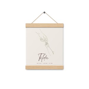 Póster de nacimiento "Toma mi mano" con marco de madera, personalizable
