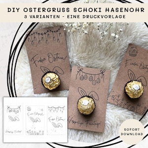 Paasgroet: konijnenoortjes knutselsjabloon van chocolade – 3 varianten printbaar paassjabloon – DIY chocoladecadeau – printbaar feestartikel – tafeldecoratie