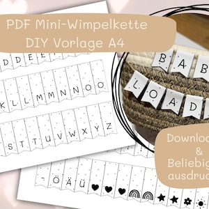 Mini slinger DIY PDF-sjabloon – Alfabet, cijfers en pictogrammen | 2 x A4 | Universeel toepasbaar voor het inpakken van kraamcadeaus en verjaardagen | Printen