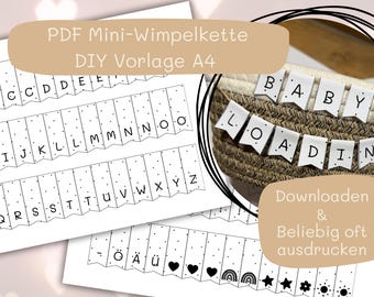 Mini Wimpelkette DIY PDF Vorlage – Alphabet, Zahlen & Icons | 2× A4 | Universell einsetzbar Babyparty Geschenkverpackung Geburtstag | Druck