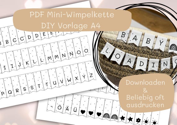 Mini Wimpelkette DIY PDF Vorlage – Alphabet, Zahlen & Icons | 2× A4 | Universell einsetzbar Babyparty Geschenkverpackung Geburtstag | Druck