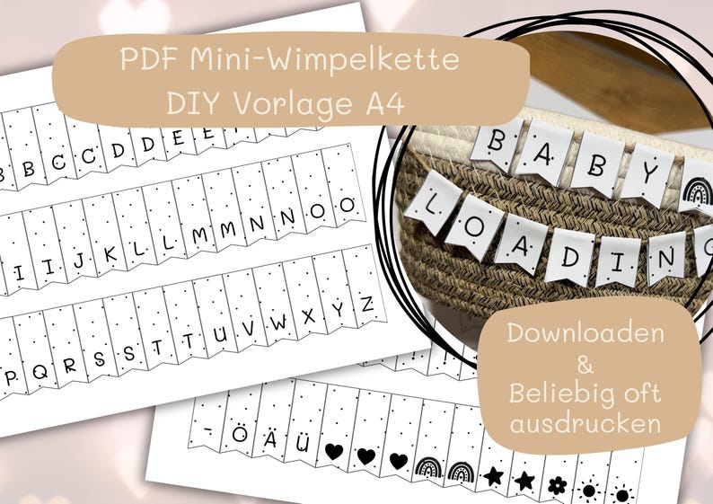 Plantilla PDF para hacer mini banderines: alfabeto, números e iconos | 2 x A4 | Ideal para envolver regalos de baby shower y cumpleaños | Imprimir imagen 1