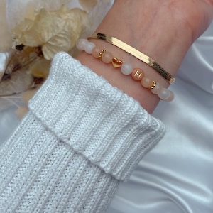 Personalisiertes Armband, Initialarmband, Aventurin Natursteinperlen, Herz Gold, beiges Perlenarmband dezent, Buchstabenarmband persönlich