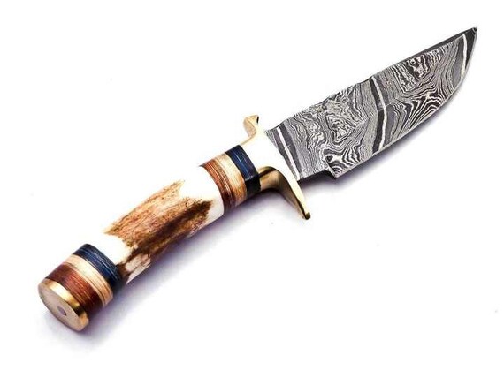 Coltello Da Caccia Damasco MAQSON – Forgiato A Mano Con Manico In Corno E Guaina In Pelle – Unico - Foto 5