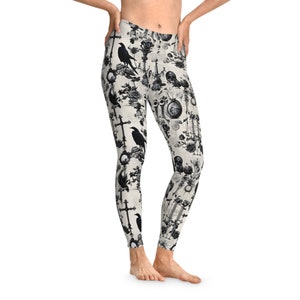 Raven&#39;s Embrace Leggings - Gothic Chic Leggings with Skulls, Roses, and Monochrome Ravens Stretchy Leggings for Women Gothic Clothes