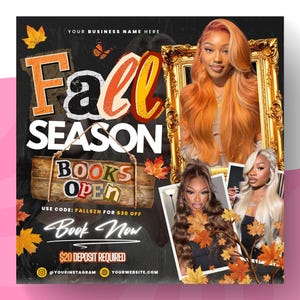 May include: A promotional graphic with the text "Fall SEASON BOOKS OPEN." The image features three women, autumn leaves, and a wooden sign. The text "Book Now" is also present, along with social media handles.
