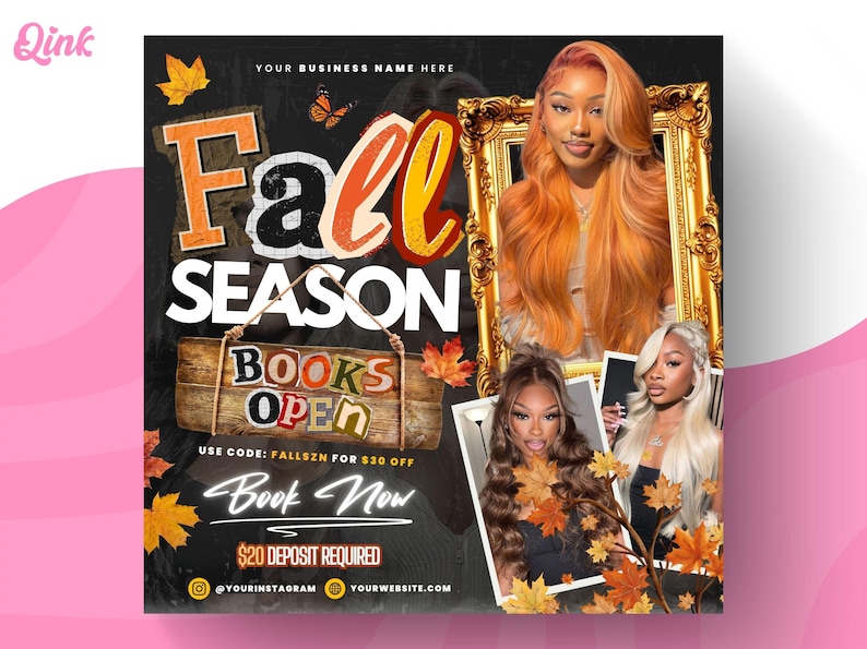 May include: A promotional graphic with the text "Fall SEASON BOOKS OPEN." The image features three women, autumn leaves, and a wooden sign. The text "Book Now" is also present, along with social media handles.