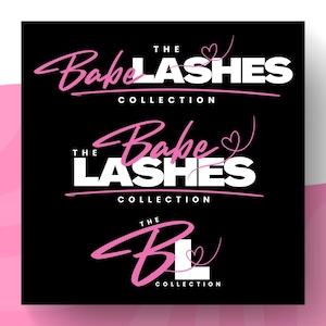 May include: Black and white graphic design with the text "The Babe Lashes Collection" in white letters with a pink heart and the words "Babe Lashes" in pink script.