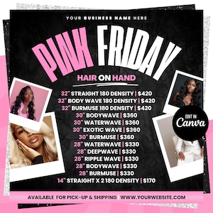 Op de afbeelding: Een Pink Friday-verkoopfolder met een zwarte achtergrond en roze tekst. De folder adverteert haarverlengingen in verschillende lengtes en stijlen, waaronder recht, body wave, water wave en deep wave. Prijzen worden vermeld voor elke stijl en lengte. De folder bevat ook een call-to-action om de website te bezoeken voor ophalen en verzending.