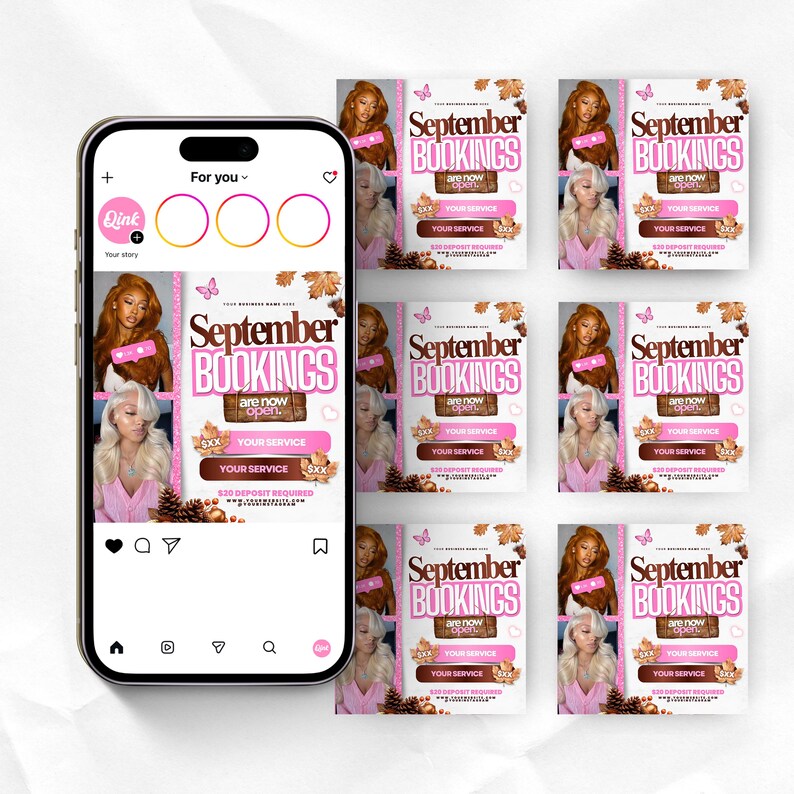 May include: A smartphone displaying a social media feed with a digital flyer titled September Bookings are now open. The flyer features images of people with long hair, autumn leaves, a butterfly, and pink text boxes for service details and pricing.