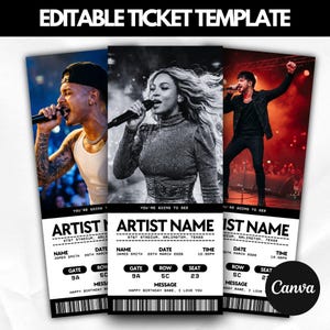 Puede incluir: Plantilla de boleto editable con tres boletos de concierto. Cada boleto muestra fotos de artistas, nombre del artista, fecha, hora, puerta, fila e información del asiento. El diseño utiliza un esquema de color en blanco y negro.