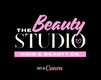 May include: The Beauty Studio Hair & Beauty Co. logo with pink text on a black background. The text "The Beauty Studio" is in a large, cursive font. The text "Hair & Beauty Co." is in a smaller, sans-serif font. A small pink heart is to the right of the word "Studio". The text "Edit in Canva" is at the bottom of the image.